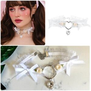2/$30🌵 Ruffle Ribbon Silver Rhinestone Heart Choker Necklace Collar Adjustable